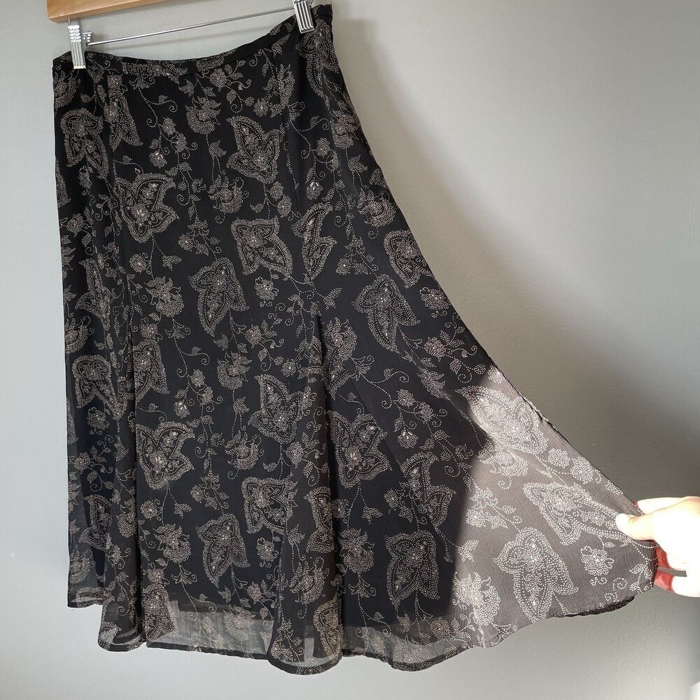 Evan-Picone Vintage Cottagcore Midi Skirt Floral Print Flowy Black Women's 6 - Picture 5 of 11
